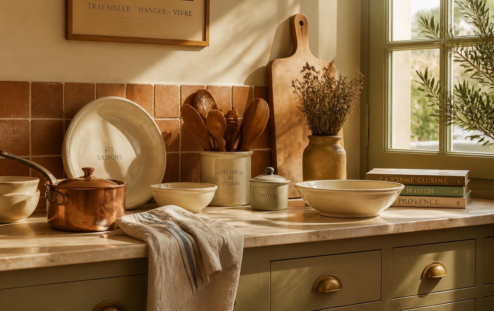Sunlit French kitchen counter with ceramic bowls, a copper pan and a linen tea towel